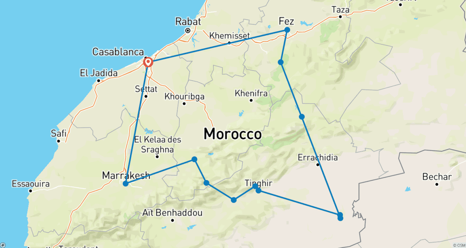 9 Days Morocco Desert & Mountains Discovery Tour From Casablancaのルートマップ