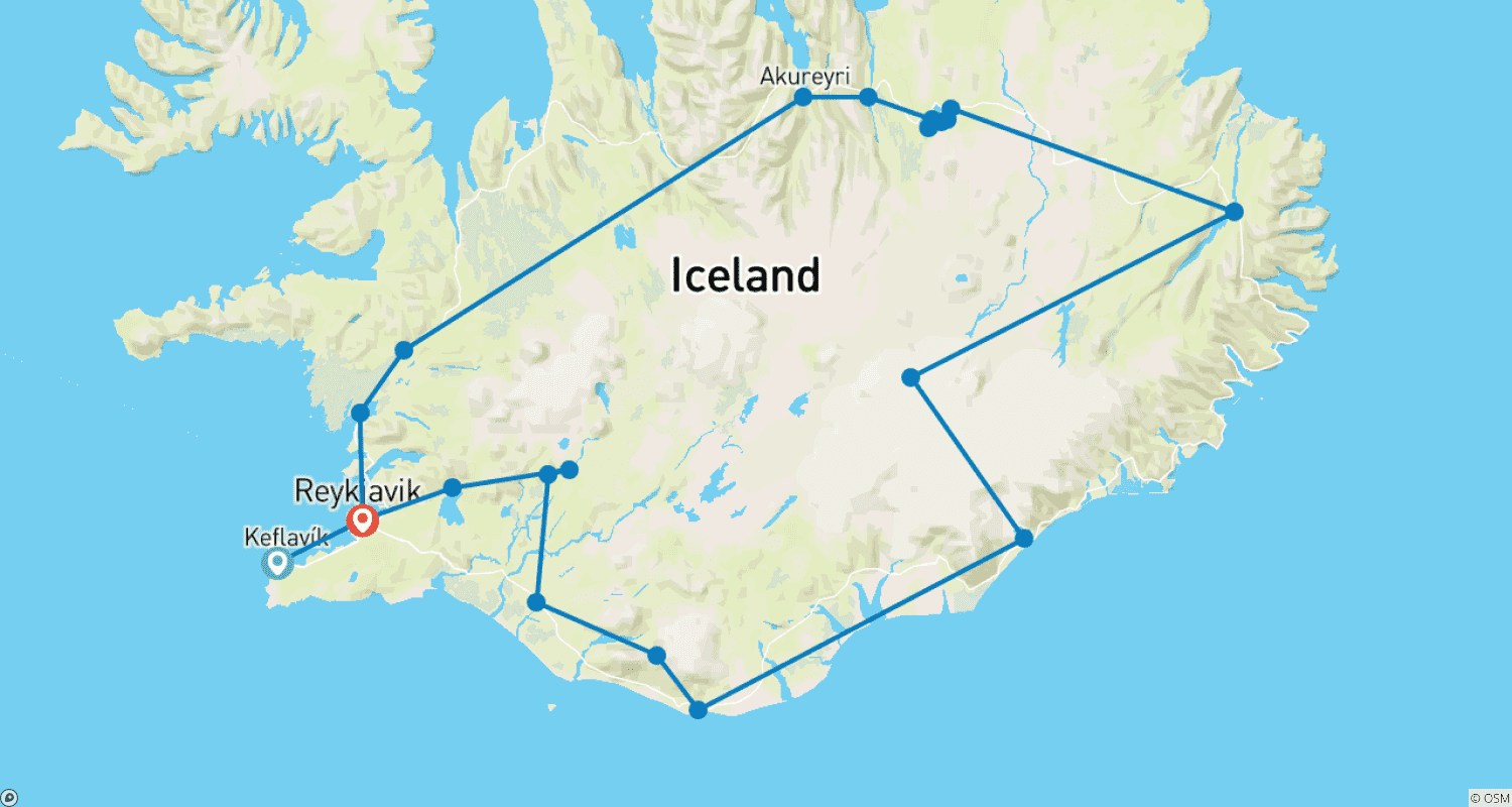 Mapa do percurso de 8 Dias Guiados: Volta Completa pela Islândia e Aurora Boreal