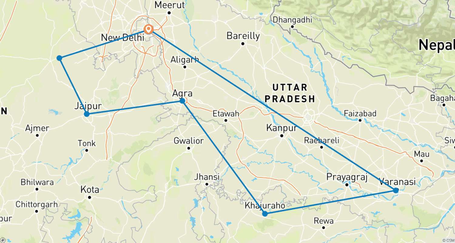 Mapa do percurso de Norte da Índia com Taj Mahal e Ganges Sagrado