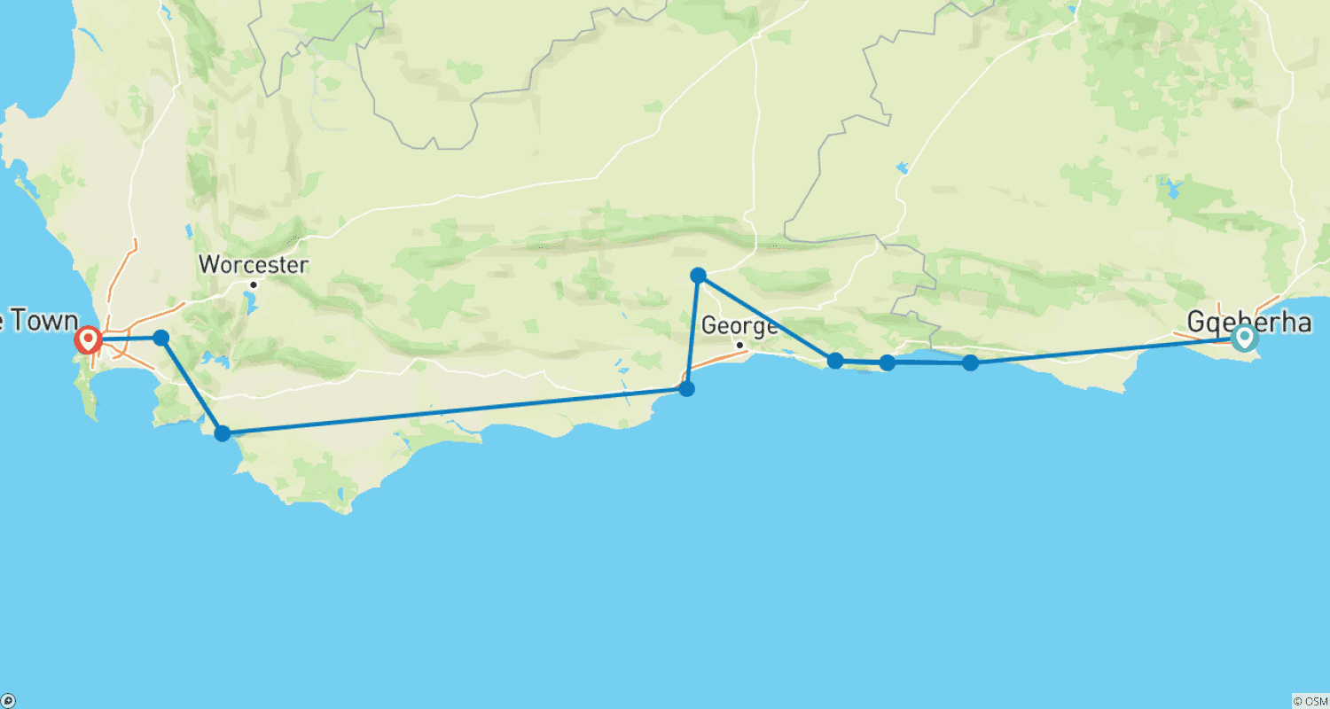 Mapa trasy: Port Elizabeth, Garden Route do Cape Town: Wybrzeże, dzika przyroda i wino w 10 dni