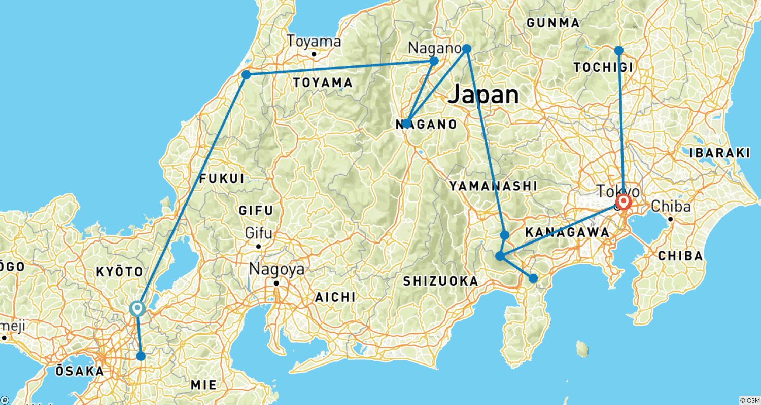 Mapa do percurso de Rota dourada do Japão (voo incluído)