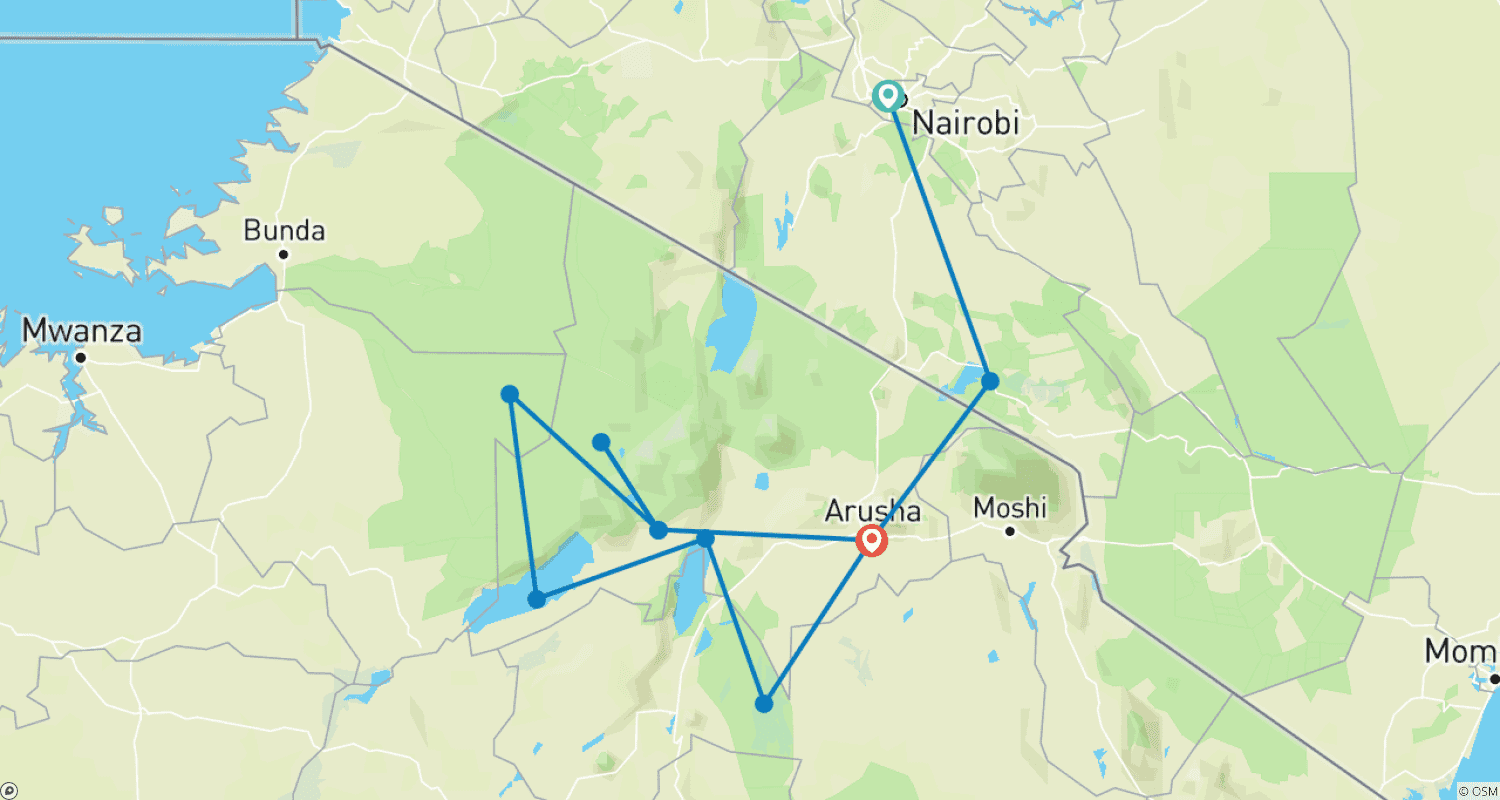 Mapa do percurso de Safári Africano: Quênia e Tanzânia (Nairóbi ao Parque Nacional Tarangire) (2026)