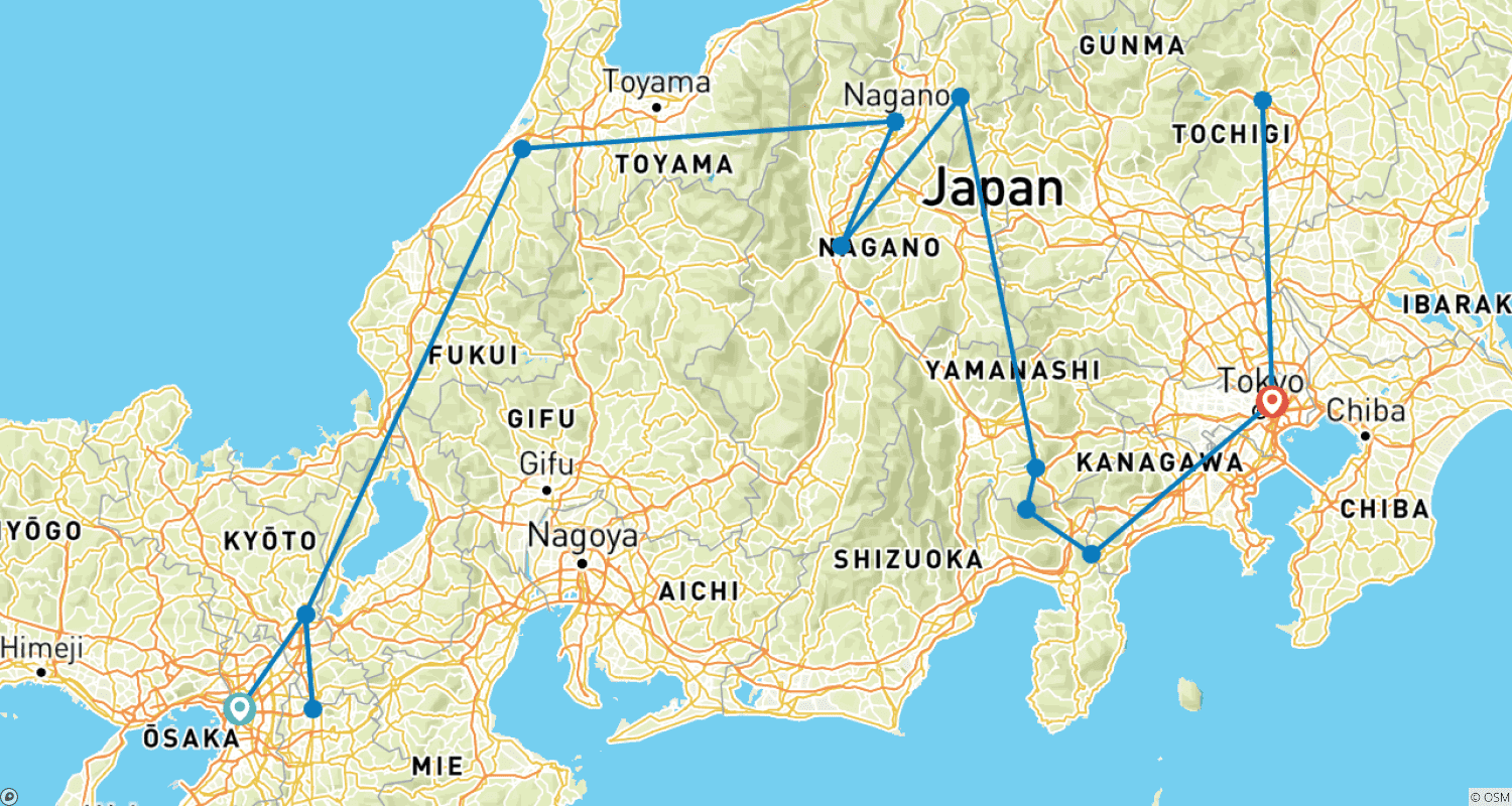 Japan's golden route (incl. flight)のルートマップ
