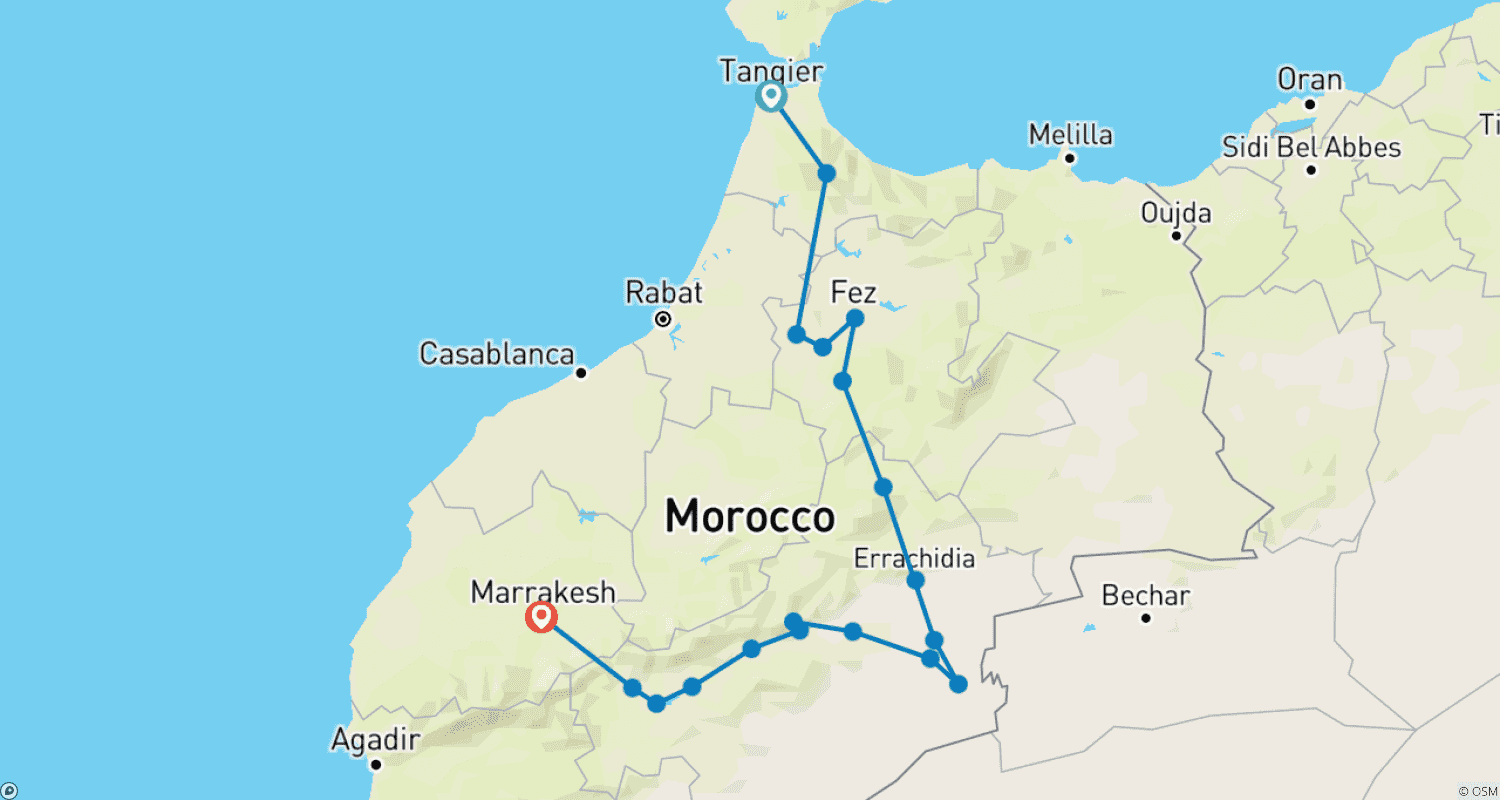 Mapa do percurso de De Tânger a Marraquexe Via Saara