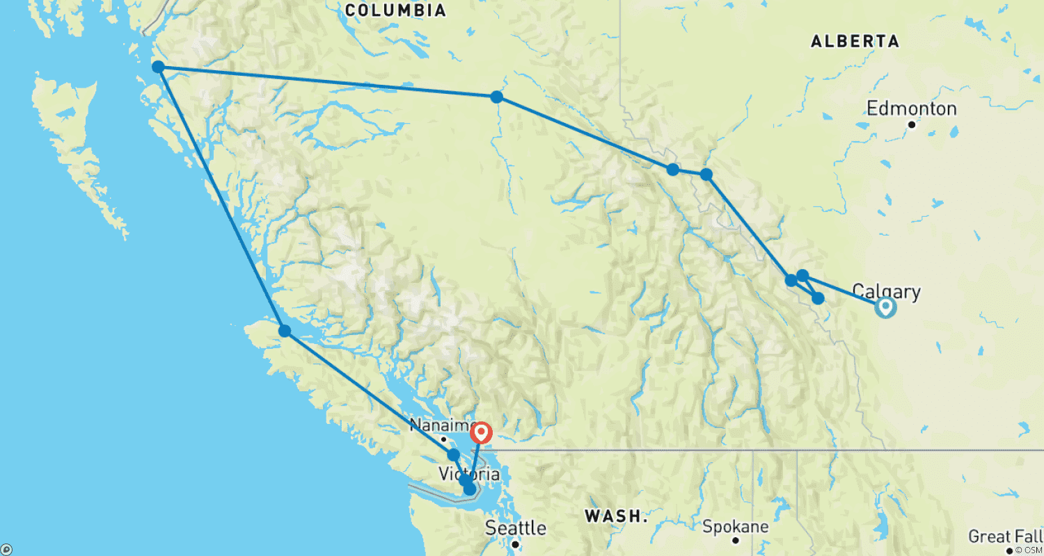 Western Canada with Inside Passage (from Calgary to Vancouver)のルートマップ