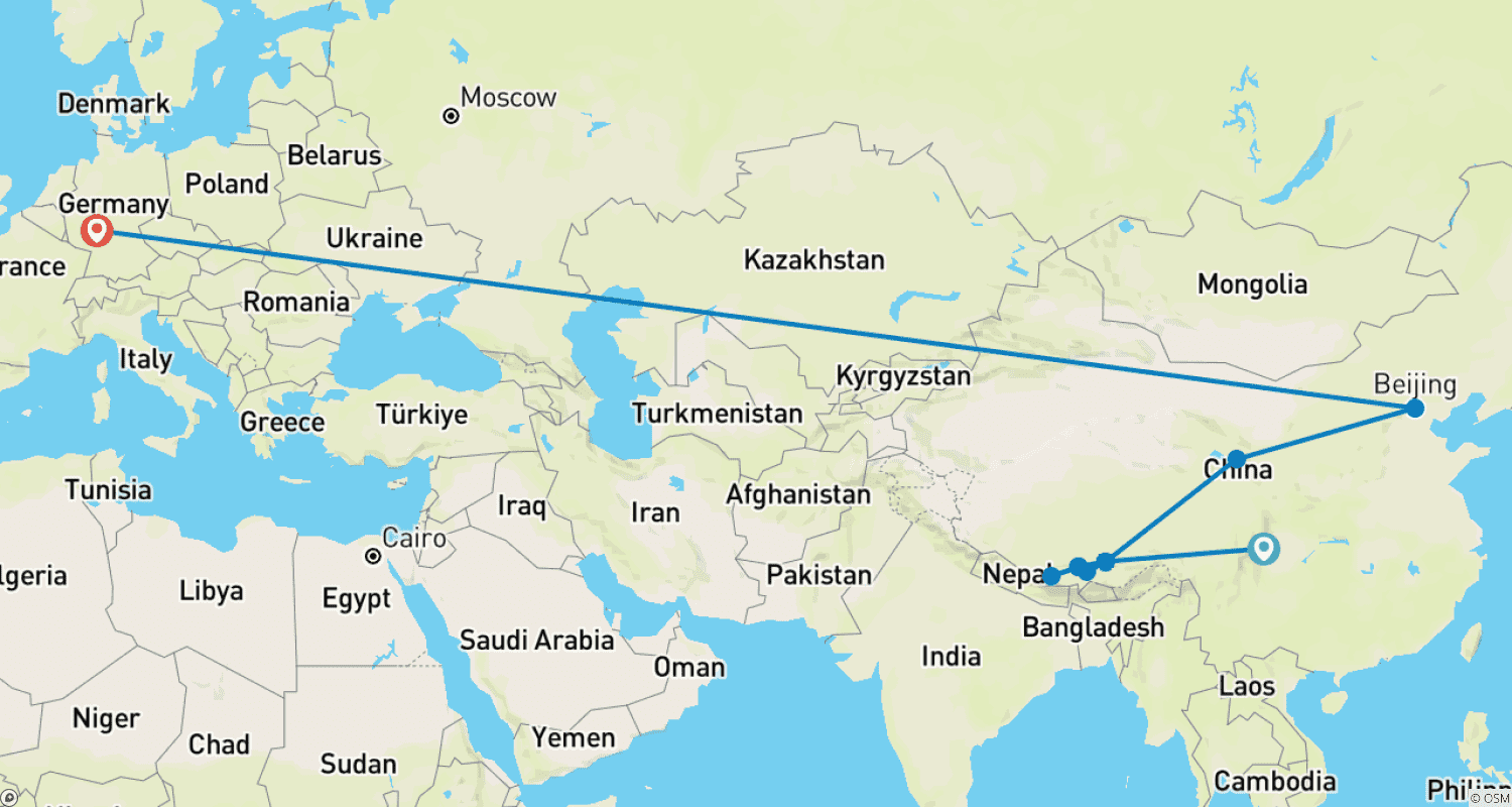 周遊旅行 - チベットを含む中国 (成都発フランクフルト・アム・マイン行き)のルートマップ