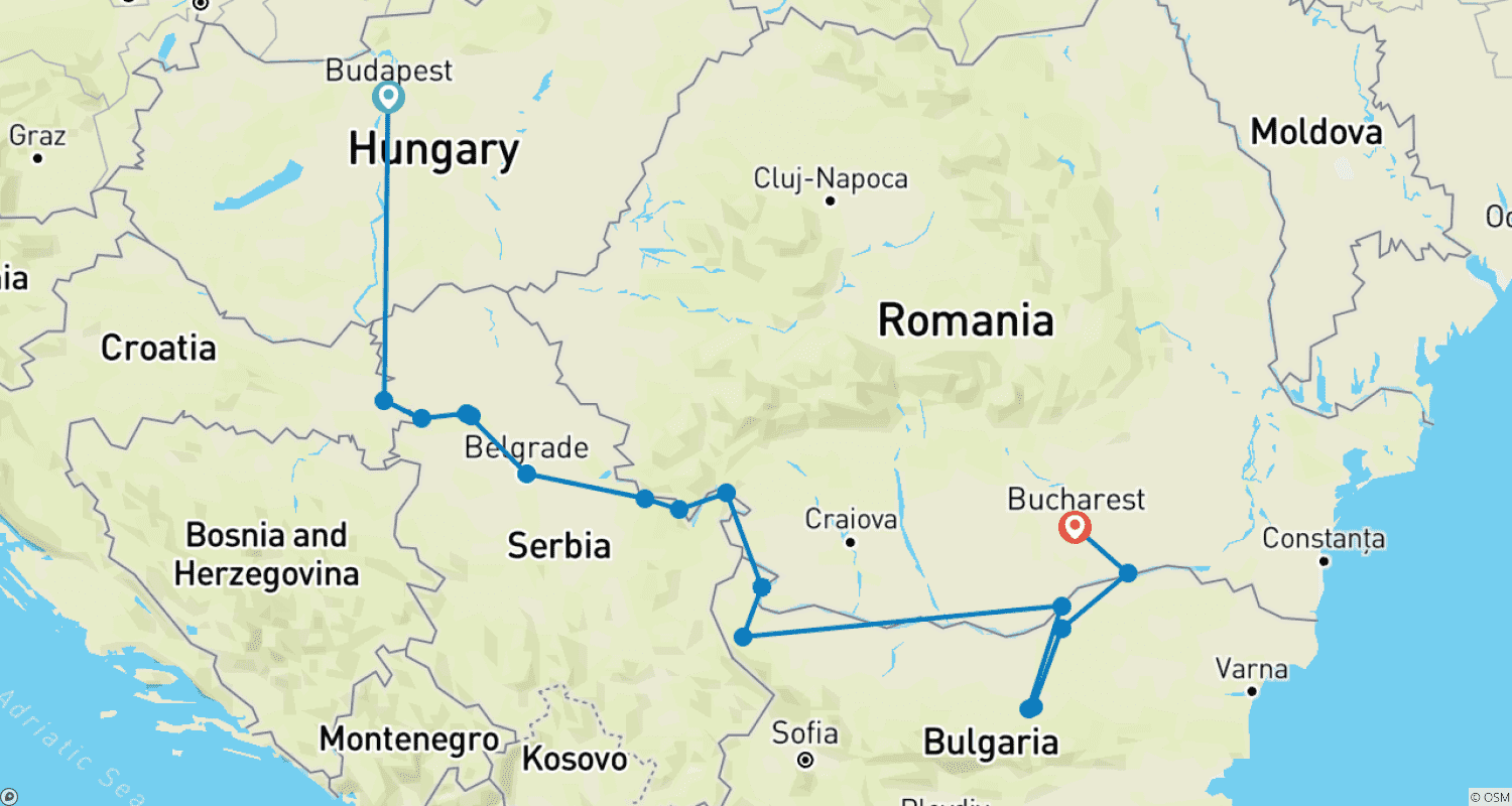 Mapa do percurso de Descoberta dos Balcãs com 1 Noite em Budapeste e 1 Noite em Bucareste 2026