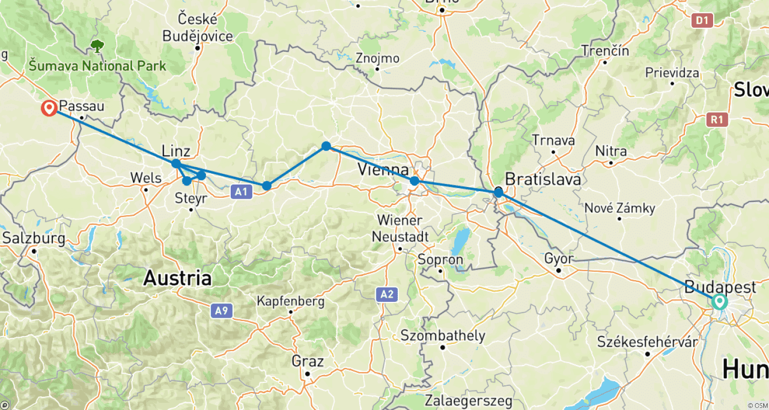 Mapa do percurso de Sinfonia do Danúbio com 1 Noite em Budapeste (Sentido Oeste) 2026