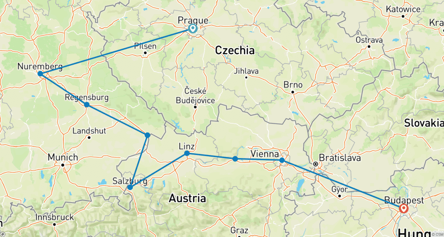 Mapa do percurso de Natal no Lendário Danúbio com 2 noites em Praga 2026