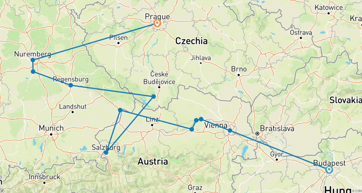 Mapa trasy: Odkrycie Błękitnego Dunaju z 2 noclegami w Budapeszcie i 2 noclegami w Pradze 2026