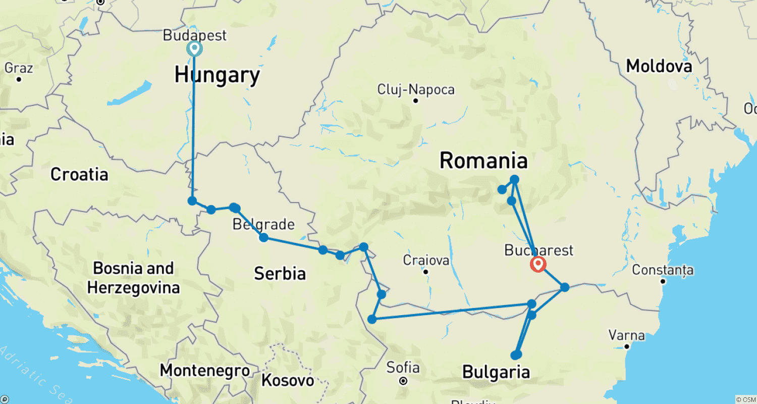 Mapa trasy: Odkrycie Bałkanów z 1 nocą w Budapeszcie, 1 nocą w Bukareszcie i 2 nocami w Transylwanii 2026