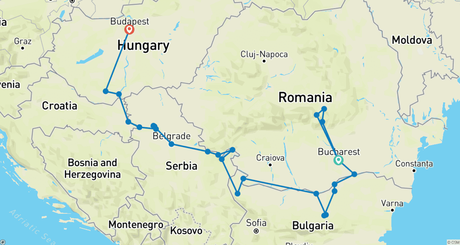 Mapa trasy: Dunaj z Rumunii do Budapesztu z 1 noclegiem w Bukareszcie i 2 noclegami w Transylwanii 2026