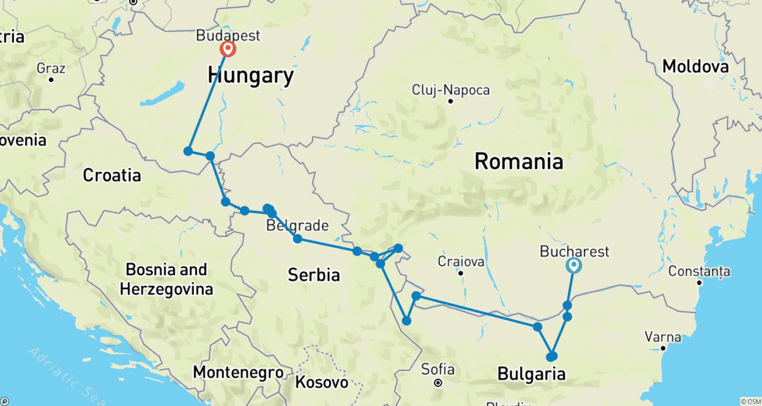 Mapa do percurso de O Danúbio da Romênia a Budapeste com 1 Noite em Bucareste 2026
