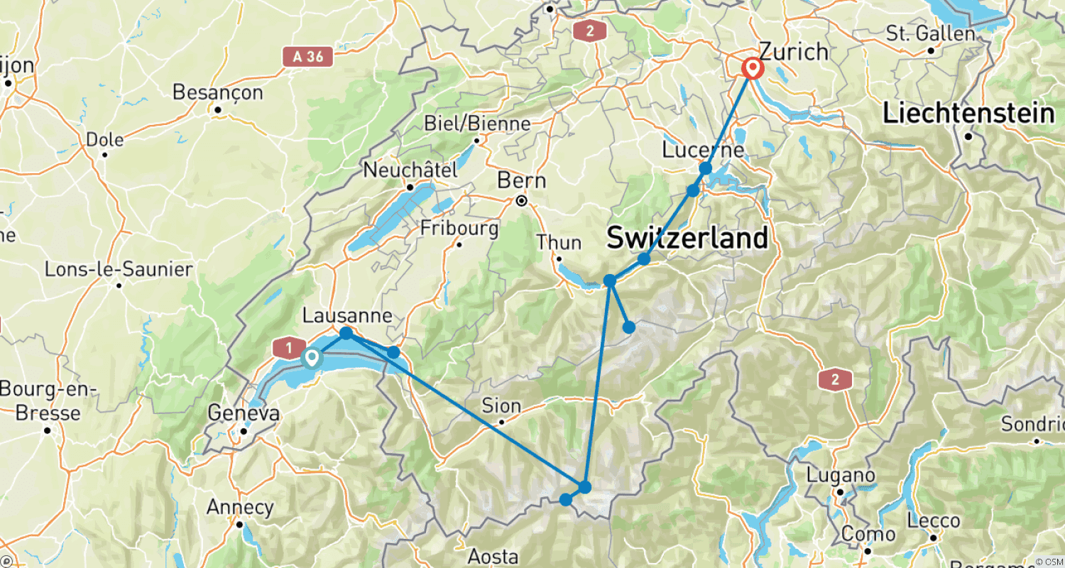 列車で巡るスイスの絶景のルートマップ