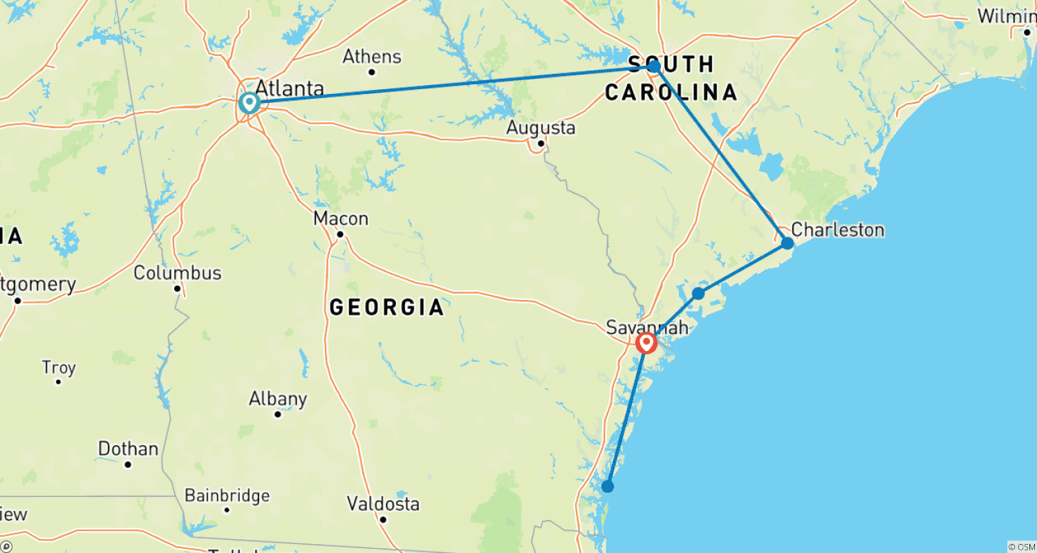 Mapa do percurso de Encantos do Sul (de Atlanta a Savannah)