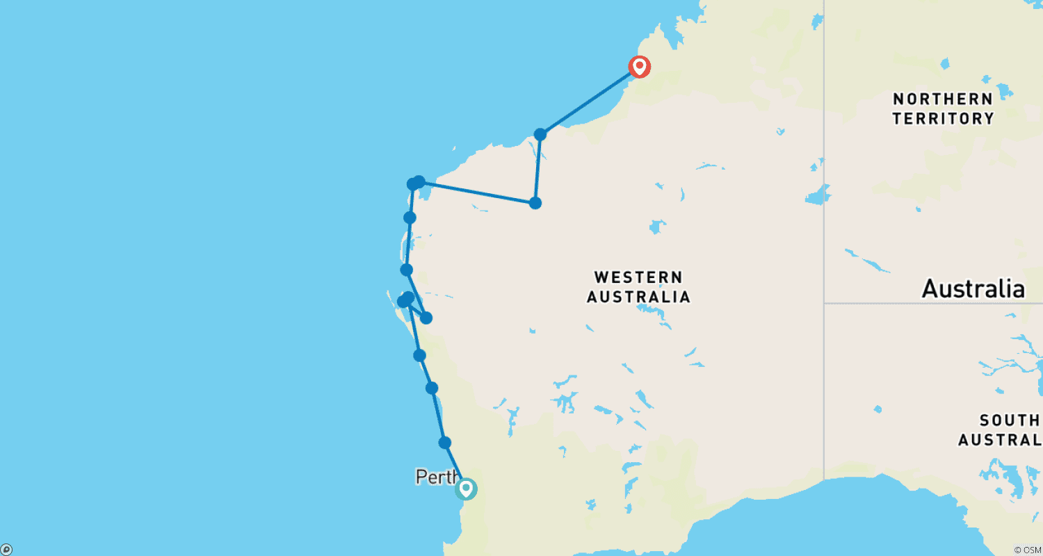 Mapa trasy: Wycieczka Szlakiem Dzikich Kwiatów z Perth do Broome