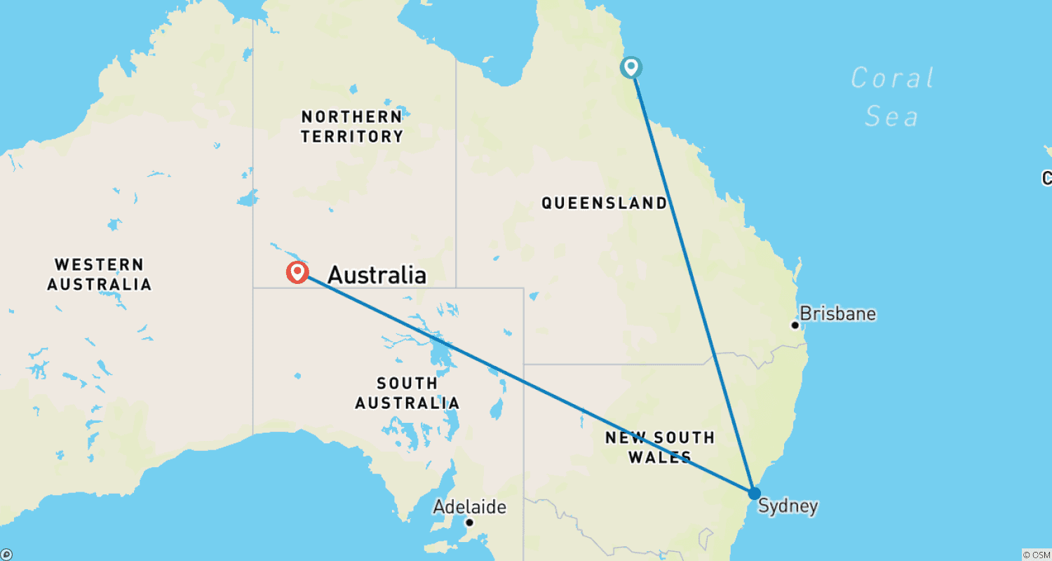 خريطة مسار AUSTRALIA – 9 Days Cairns Sydney Uluru Ayers Rock Highlights