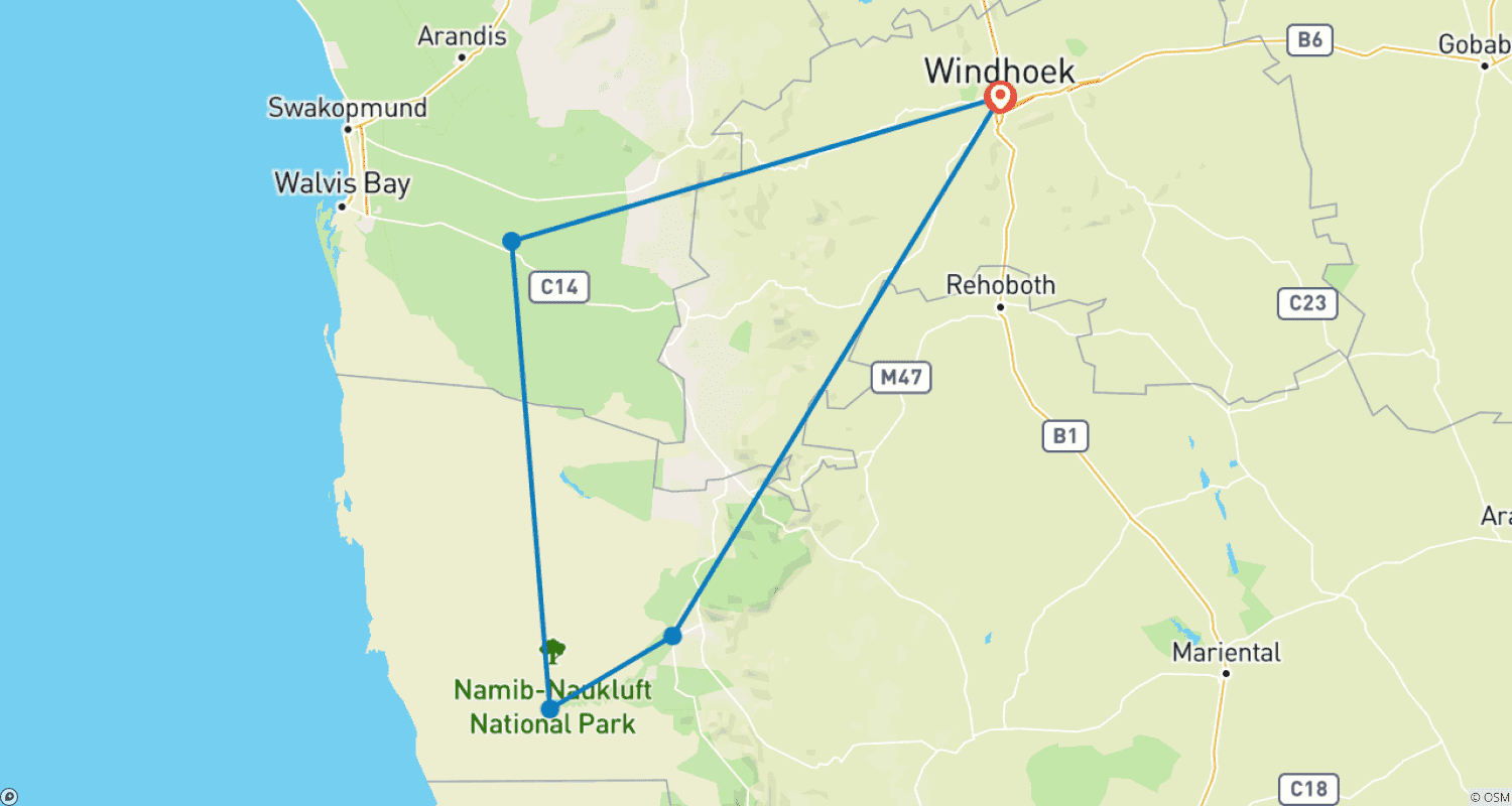Mapa do percurso de Aventura de Safari de 3 Dias no Deserto do Namibe e Sossusvlei