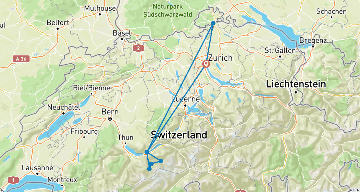 Mapa trasy: Szwajcaria w 5 dni (pobyt w Zurychu i Interlaken, obejmujący Grindelwald First i Kanion Lodowcowy)