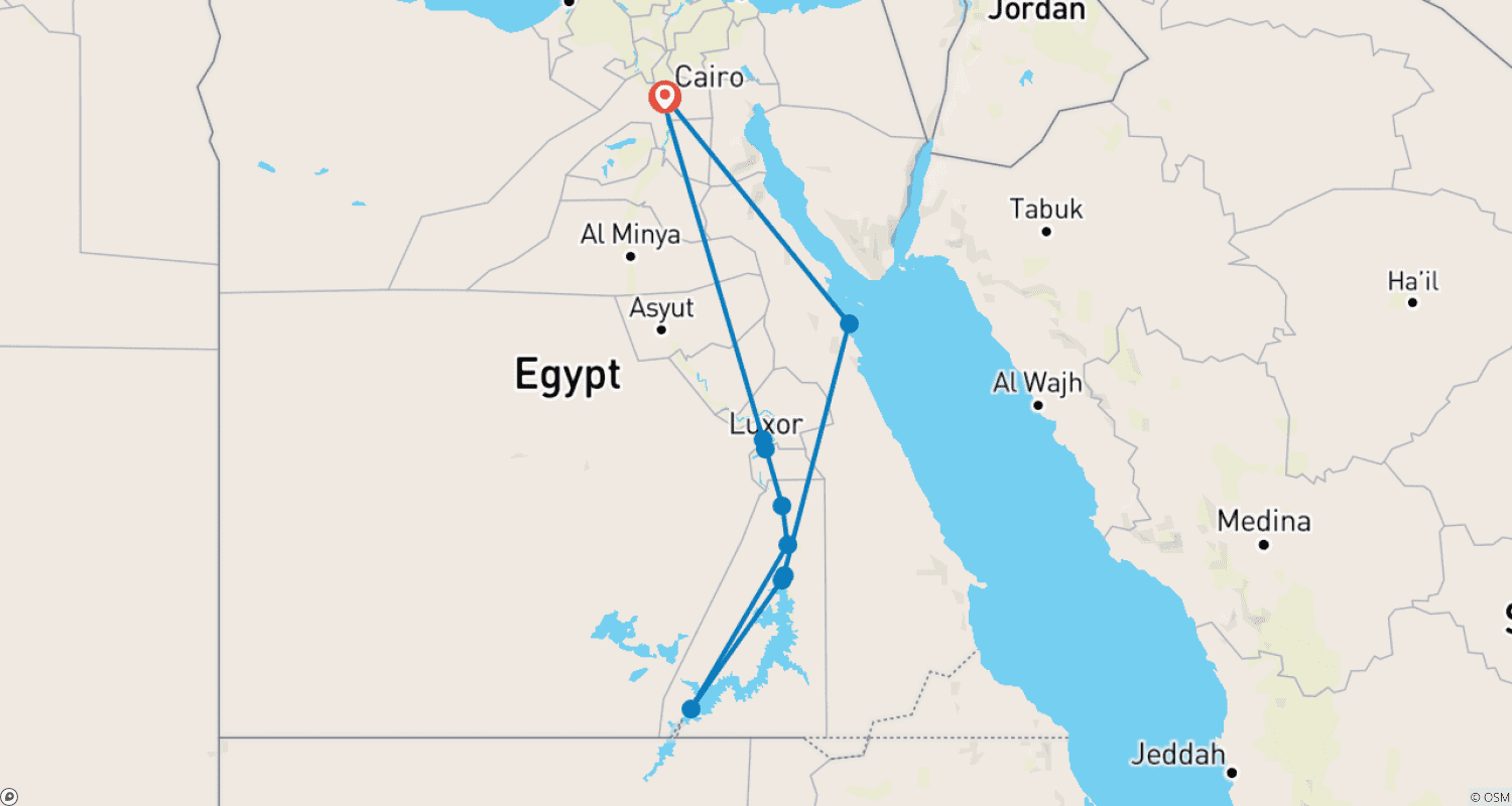 خريطة مسار جولة كلاسيكية لمدة 12 يومًا في مصر ورحلة نيلية (القاهرة - الجيزة - الأقصر - أسوان - الغردقة)