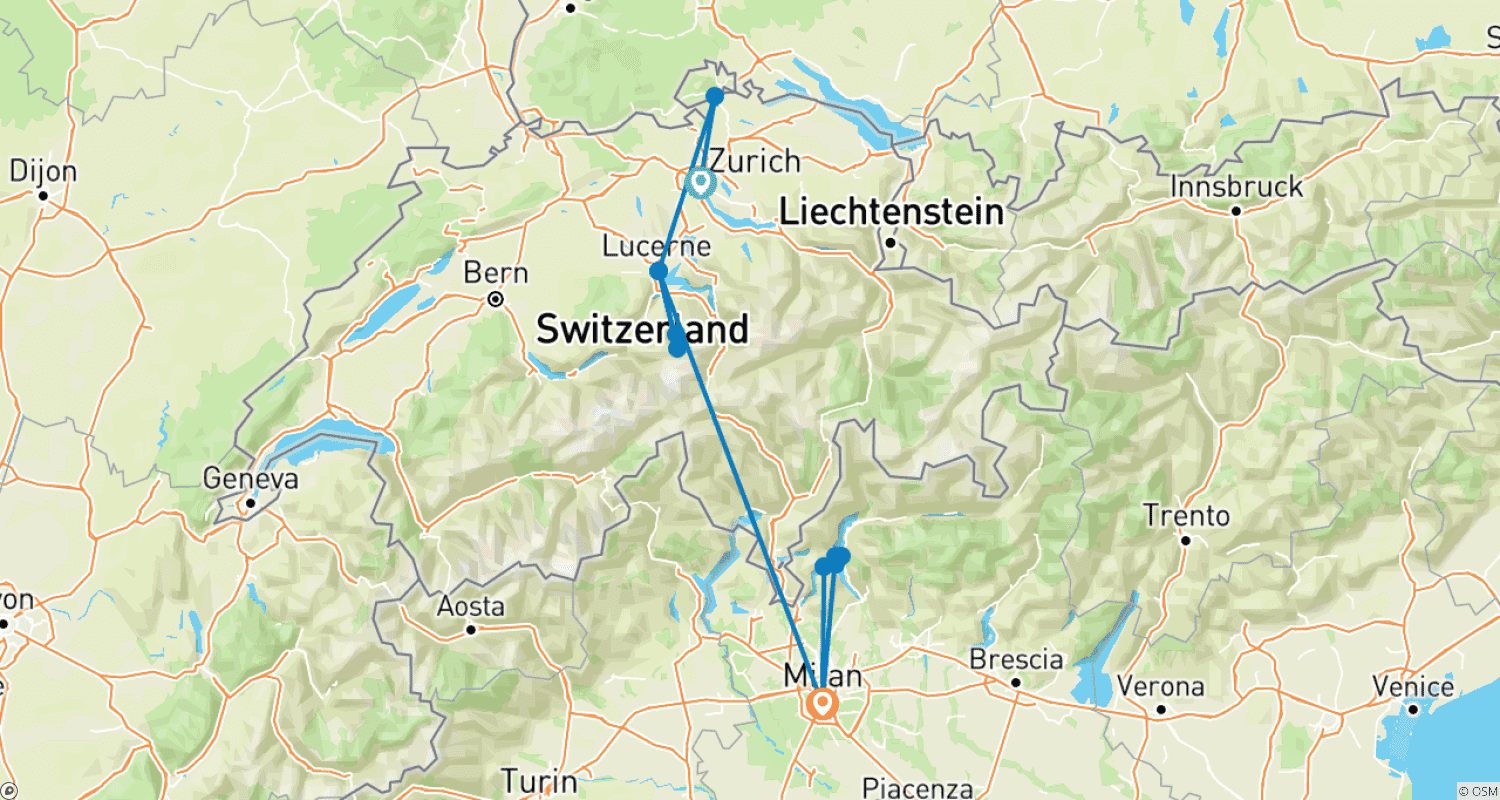 Mapa do percurso de Switzerland and Italy Adventure (Covering Zurich, Lucerne and Milan)