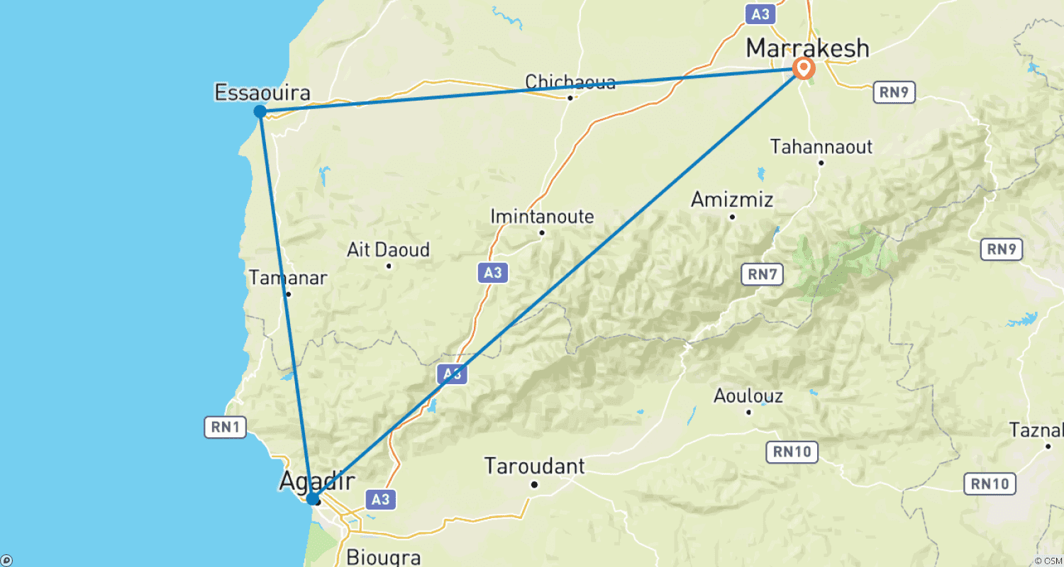 Mapa trasy: Podróż do Maroka dla Seniorów 5* H. & Śniadania i obiadokolacje