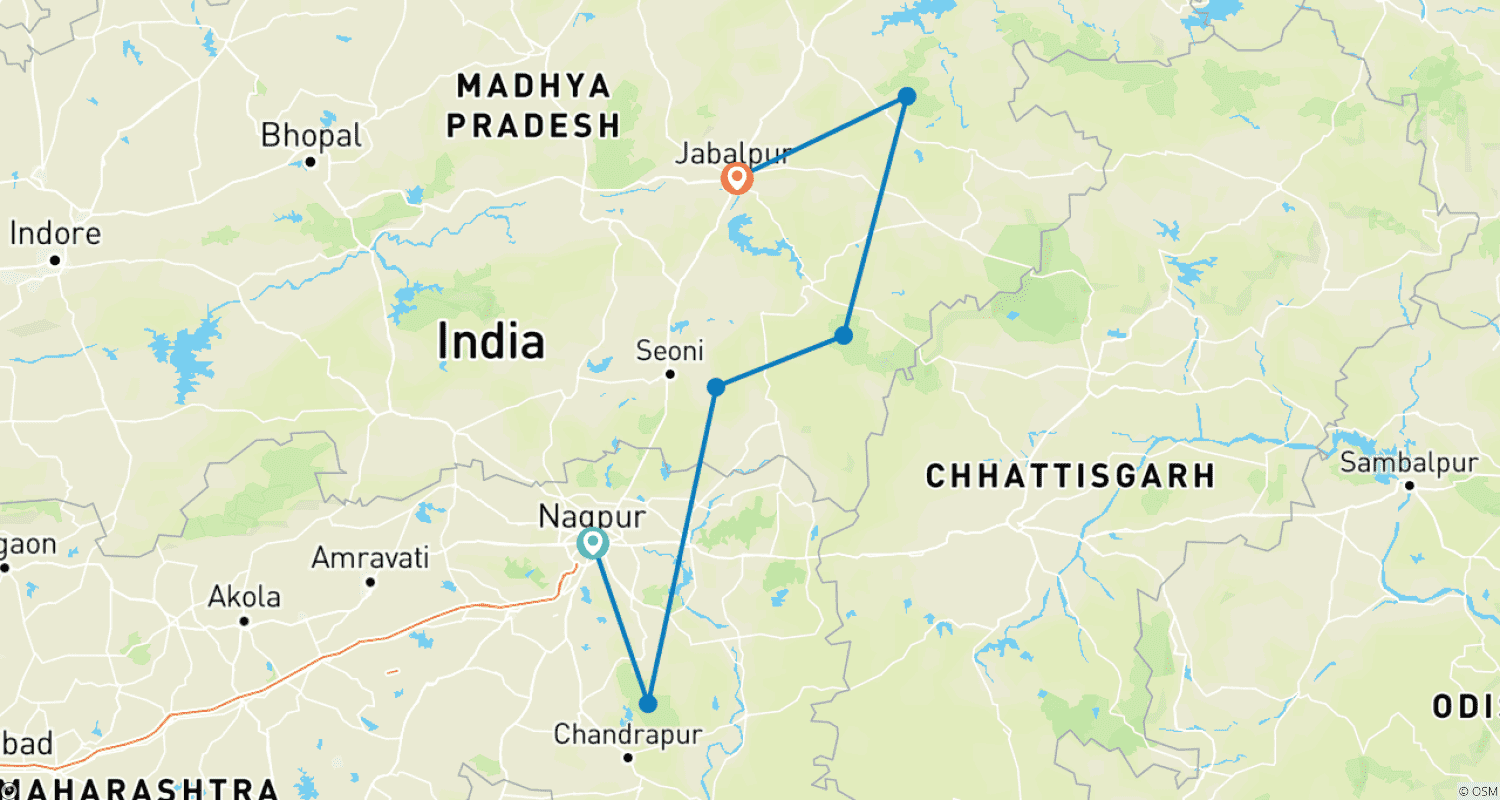 Mapa trasy: Wielka Wyprawa Safari z Tygrysami: Odkrywanie Tadoba, Pench, Kanha i Bandhavgarh