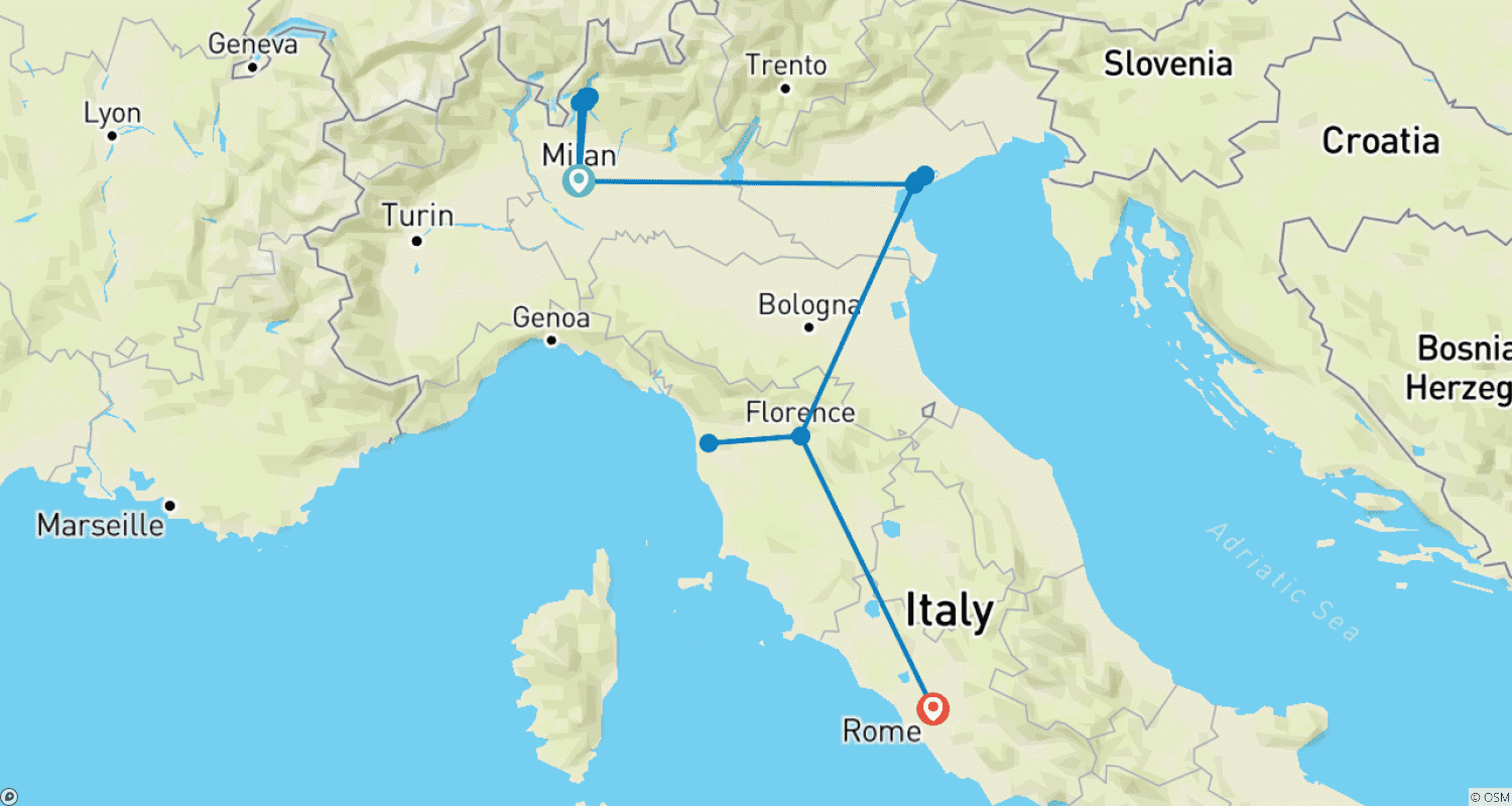 خريطة مسار Italy in 9 days, Covering Milan, Venice, Florence and Rome