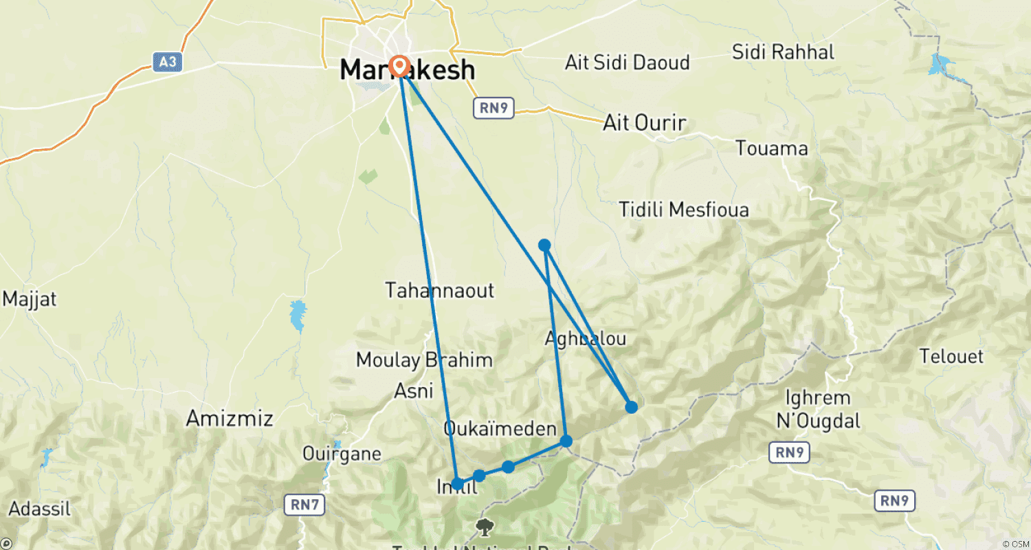 Mapa trasy: 3-dniowy trekking z Imlil do Ourika / Góry Atlasu