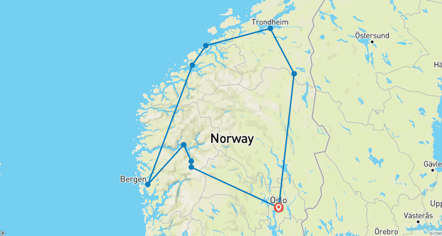 Mapa do percurso de 8 Dias Fiordes Noruegueses com Cruzeiro Havila