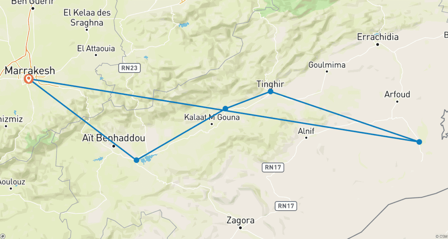 Mapa do percurso de Marrocos: Escapada ao Saara