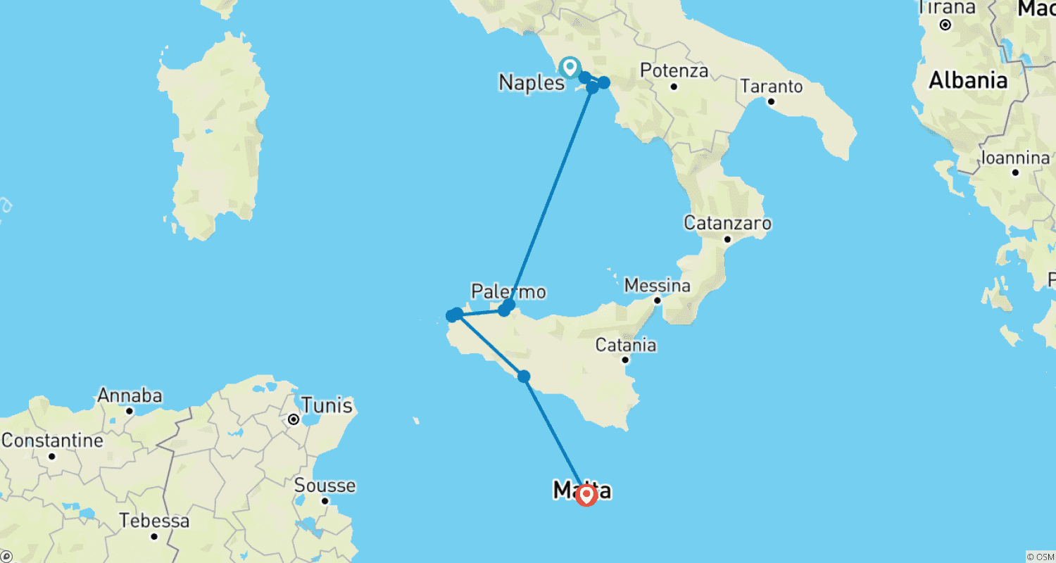 シチリアと南イタリアの最高のスポット(港から港へのクルーズ)(ナポリからヴァレッタまで)のルートマップ