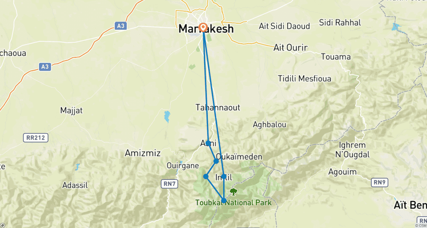 Mapa do percurso de Expedição VIP de 5 Dias ao Toubkal: Vales/Cume do Alto Atlas