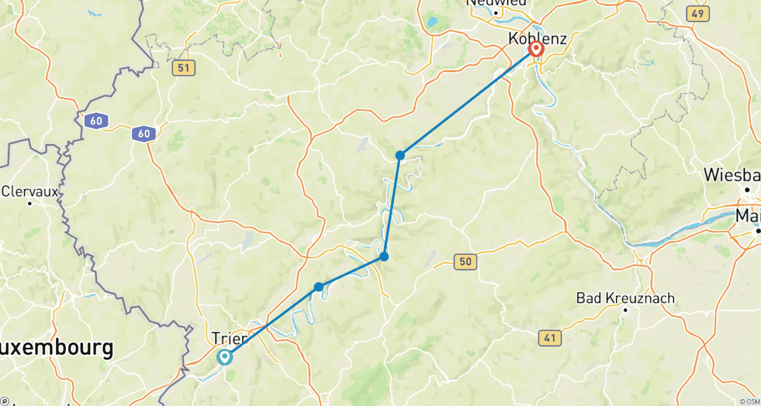Mapa do percurso de Cicloviagem pelo Rio Mosela | Tréveris a Coblença | 6 dias