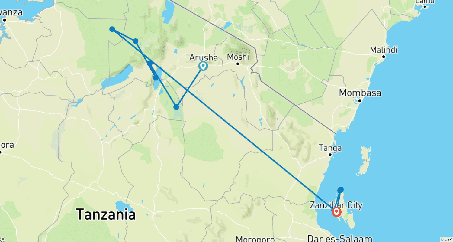 Mapa do percurso de Tanzania Wildlife Expedition & Zanzibar Beach Excursion