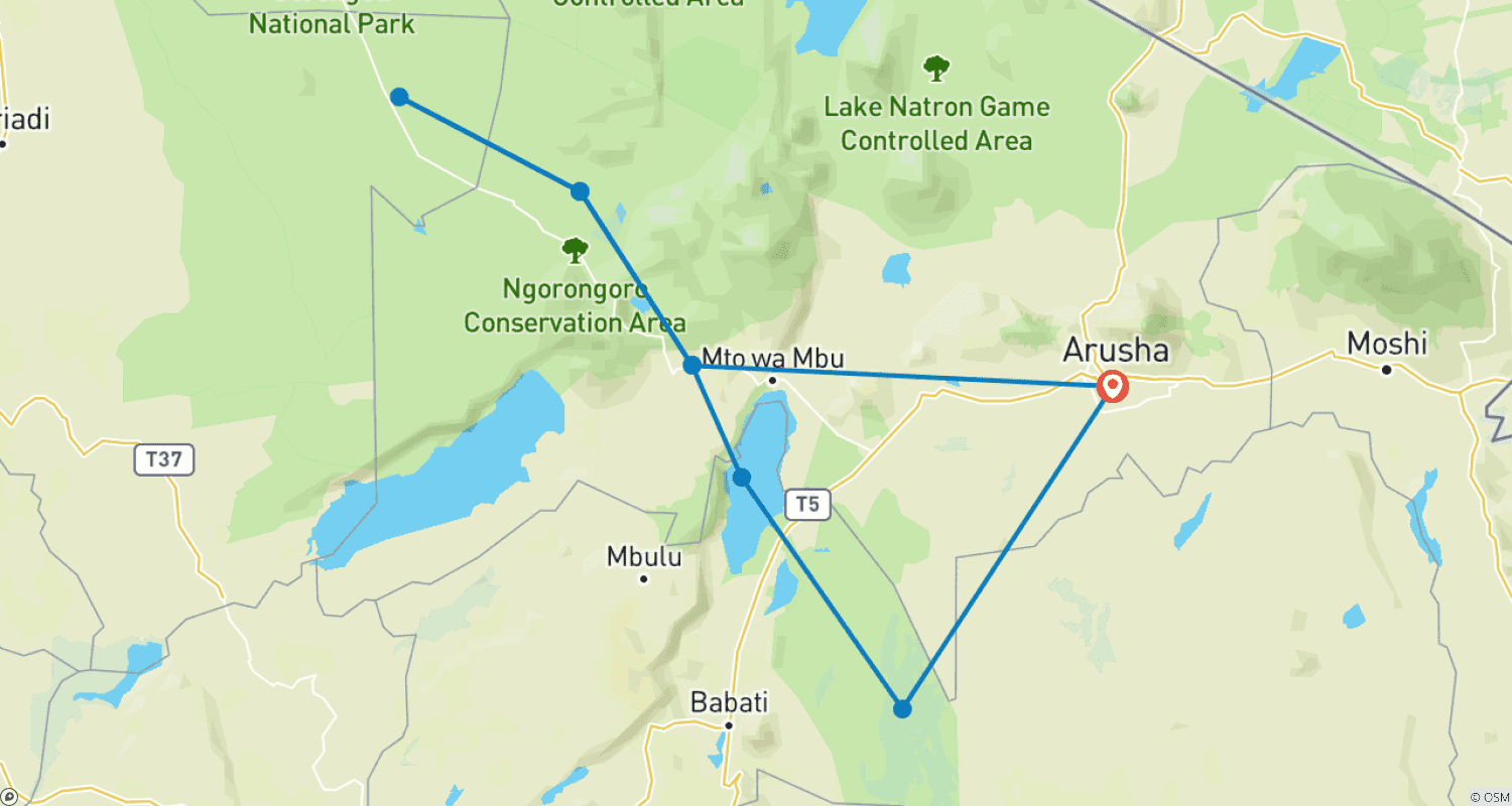 Mapa do percurso de Safari de Luxo de 7 Dias pela Vida Selvagem na Tanzânia