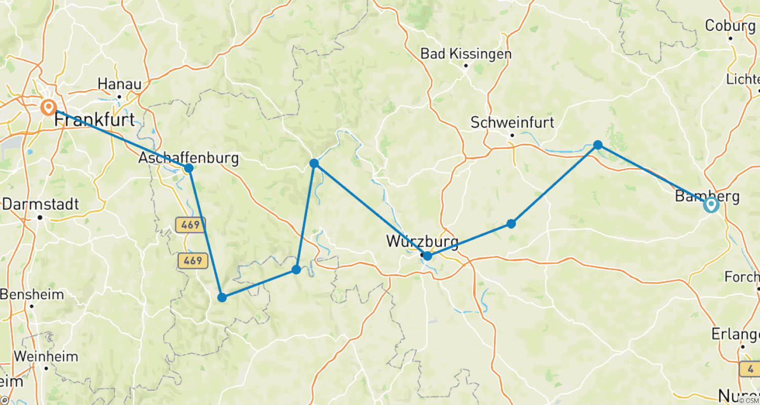 Mapa trasy: Wycieczka rowerowa wzdłuż Menu | Bamberg do Frankfurtu nad Menem