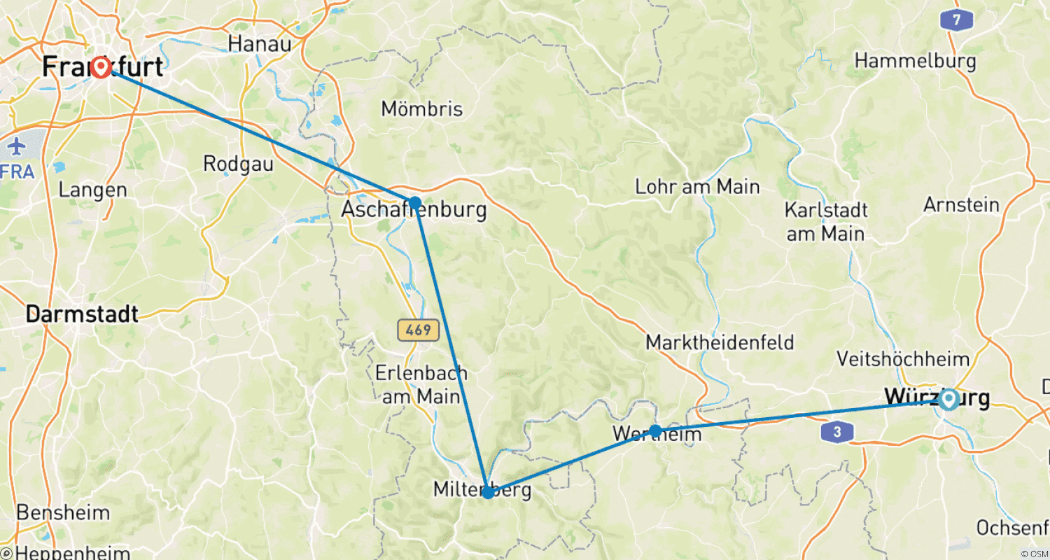 Mapa do percurso de Cicloviagem pelo Rio Meno | De Würzburg a Frankfurt