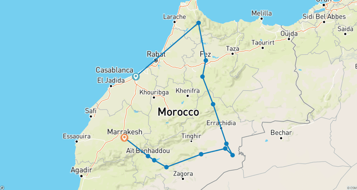 Mapa do percurso de 5 dias de Casablanca a Marraquexe visitando Chefchaouen, Fez e o deserto.