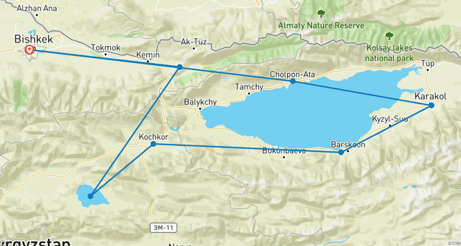 Mapa do percurso de Quirguistão: Viagem de Dois Lagos Issyk Kul e Song Kul - Viagem Privada Guiada
