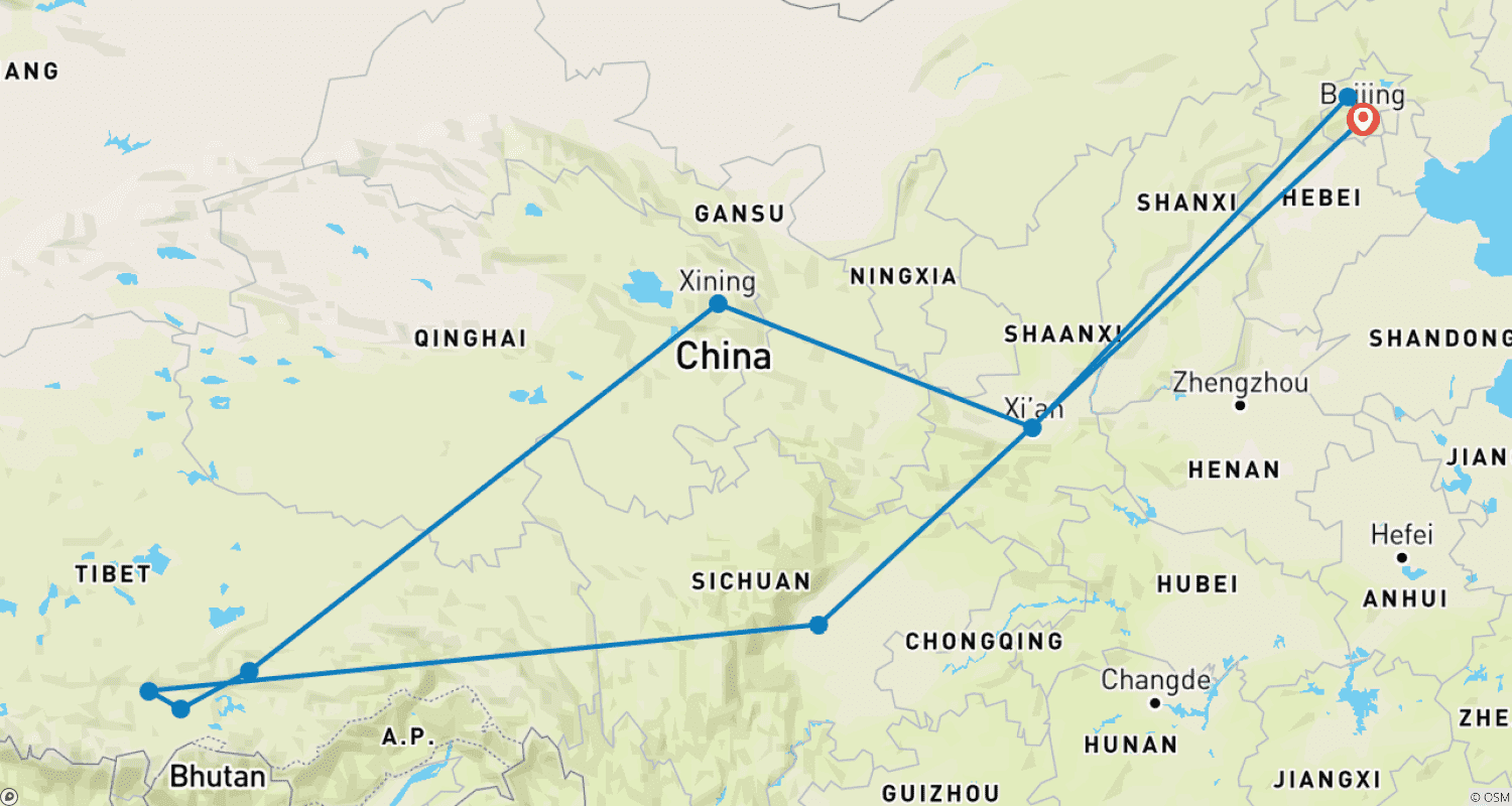 China - Reise mit der Tibetbahn - Geführte Privatreiseのルートマップ
