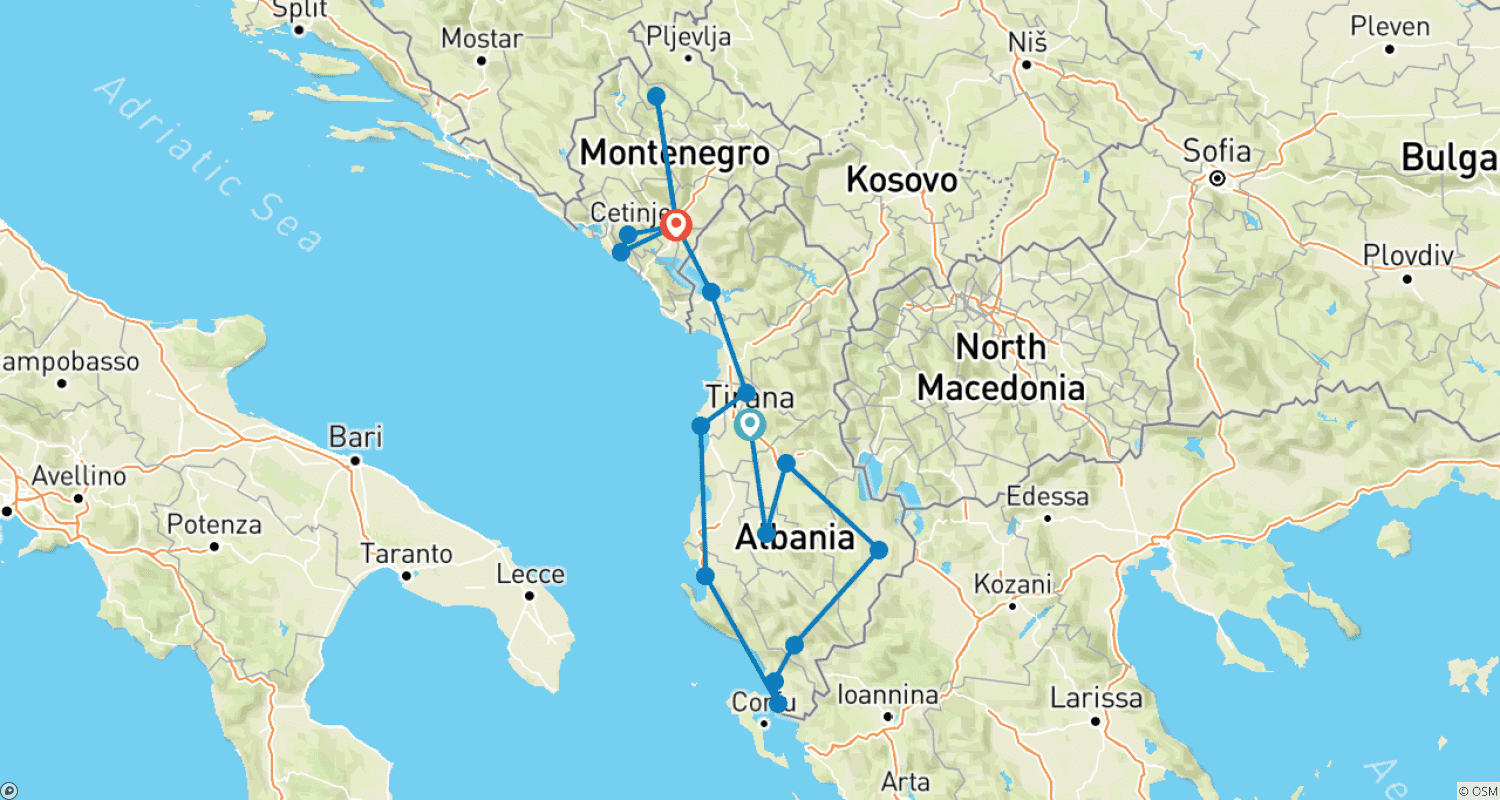 Journey Through Albania and Montenegro - Guided Private Tourのルートマップ