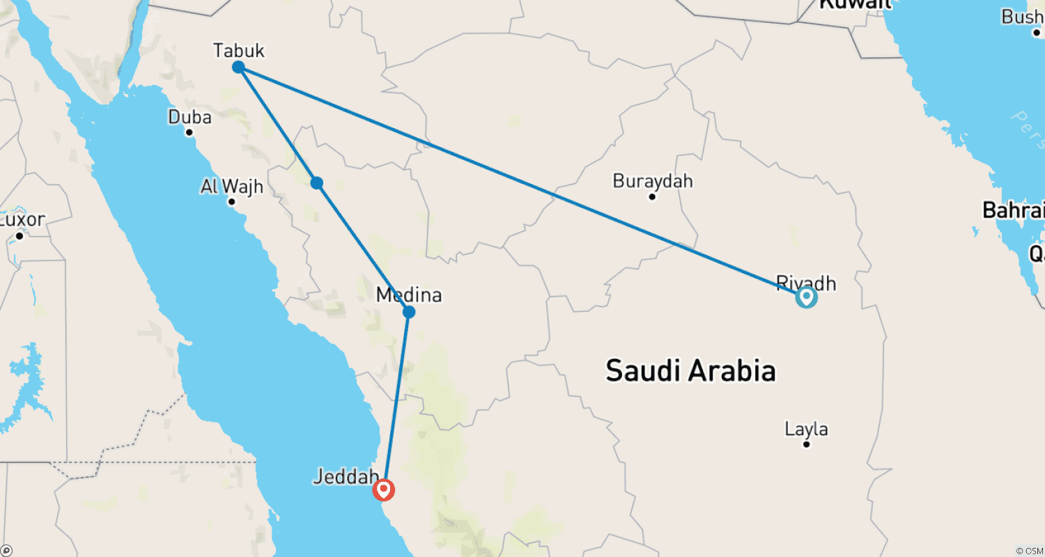 خريطة مسار المملكة العربية السعودية - رحلة استكشافية إلى المملكة المجهولة - رحلة خاصة بصحبة مرشد
