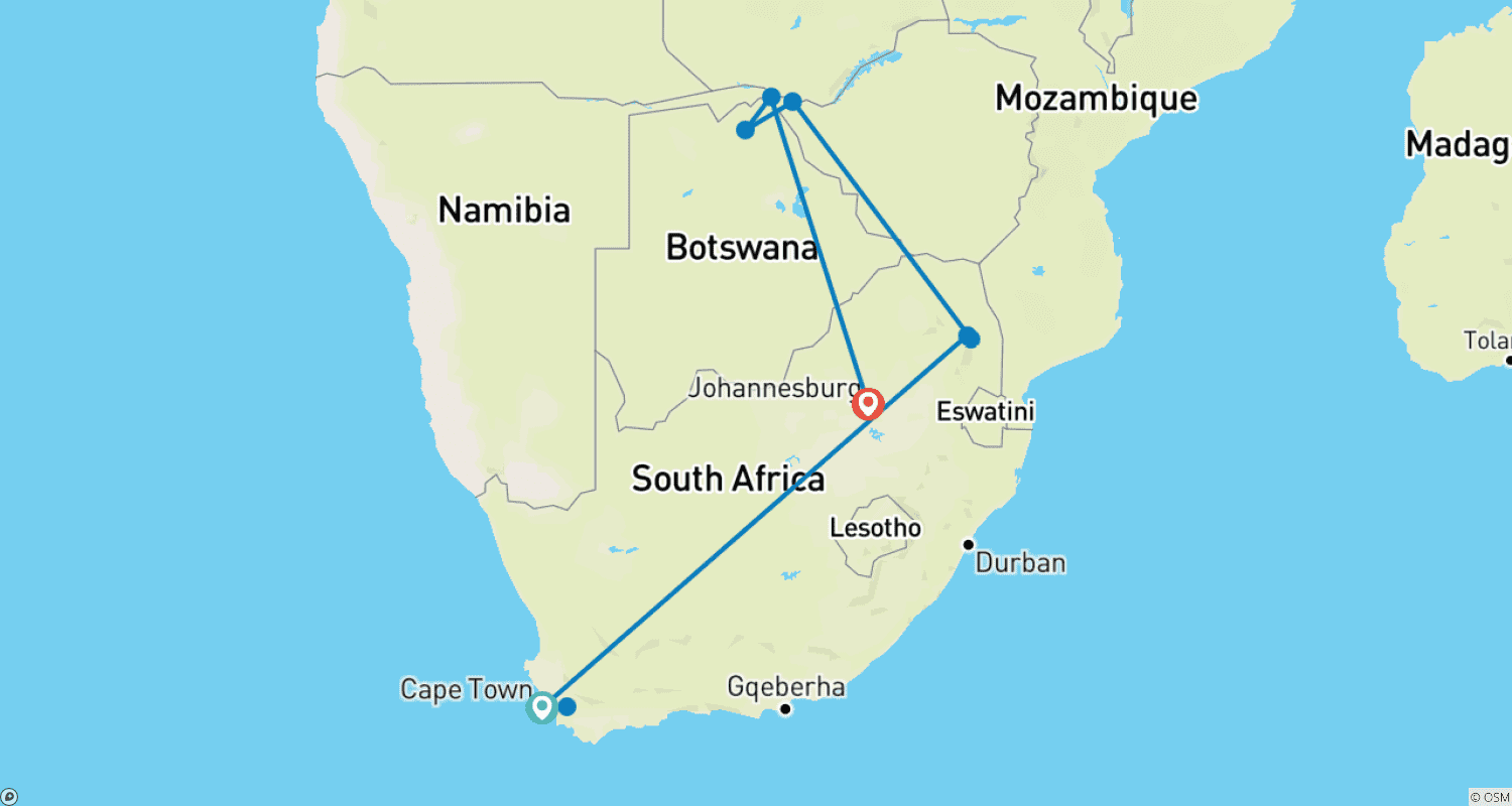 خريطة مسار أفريقيا لا تُضاهى: جولة خاصة من Cape Town إلى Victoria Falls وChobe وJohannesburg – 11 يومًا