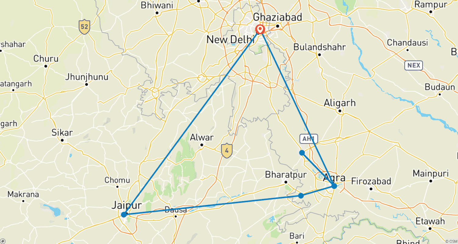 Golden Triangle tour with Lord Krishna Birth Place Visitのルートマップ