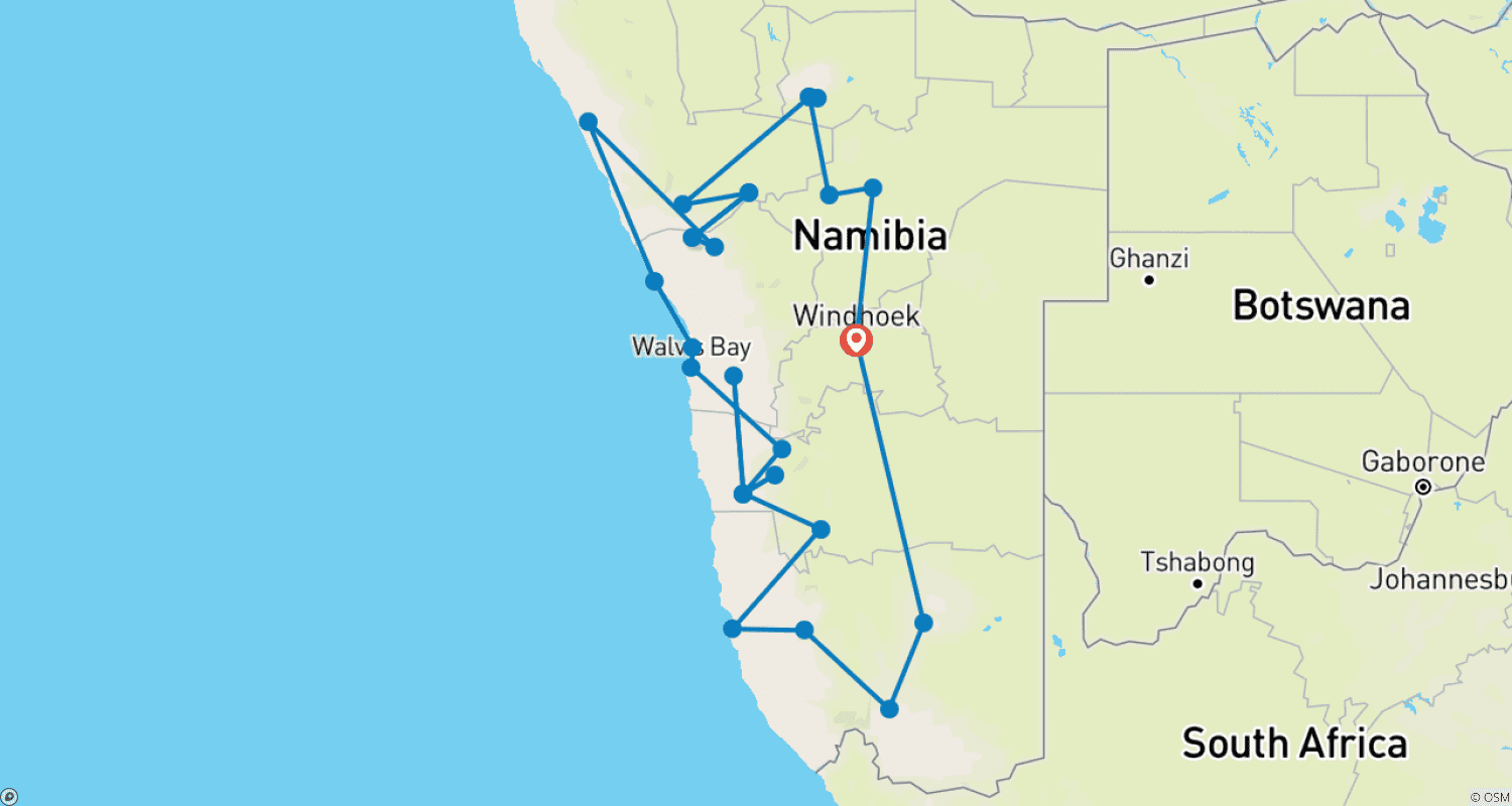 Mapa trasy: Intensywnie poznaj Namibię – z południa na północ – samodzielna wycieczka objazdowa