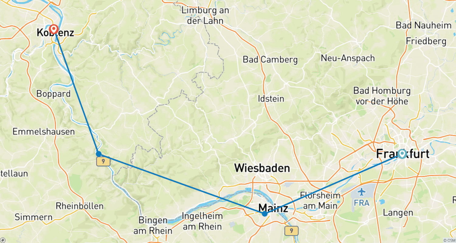 خريطة مسار Romantic Rhine from Frankfurt to Koblenz | Germany | 4 days