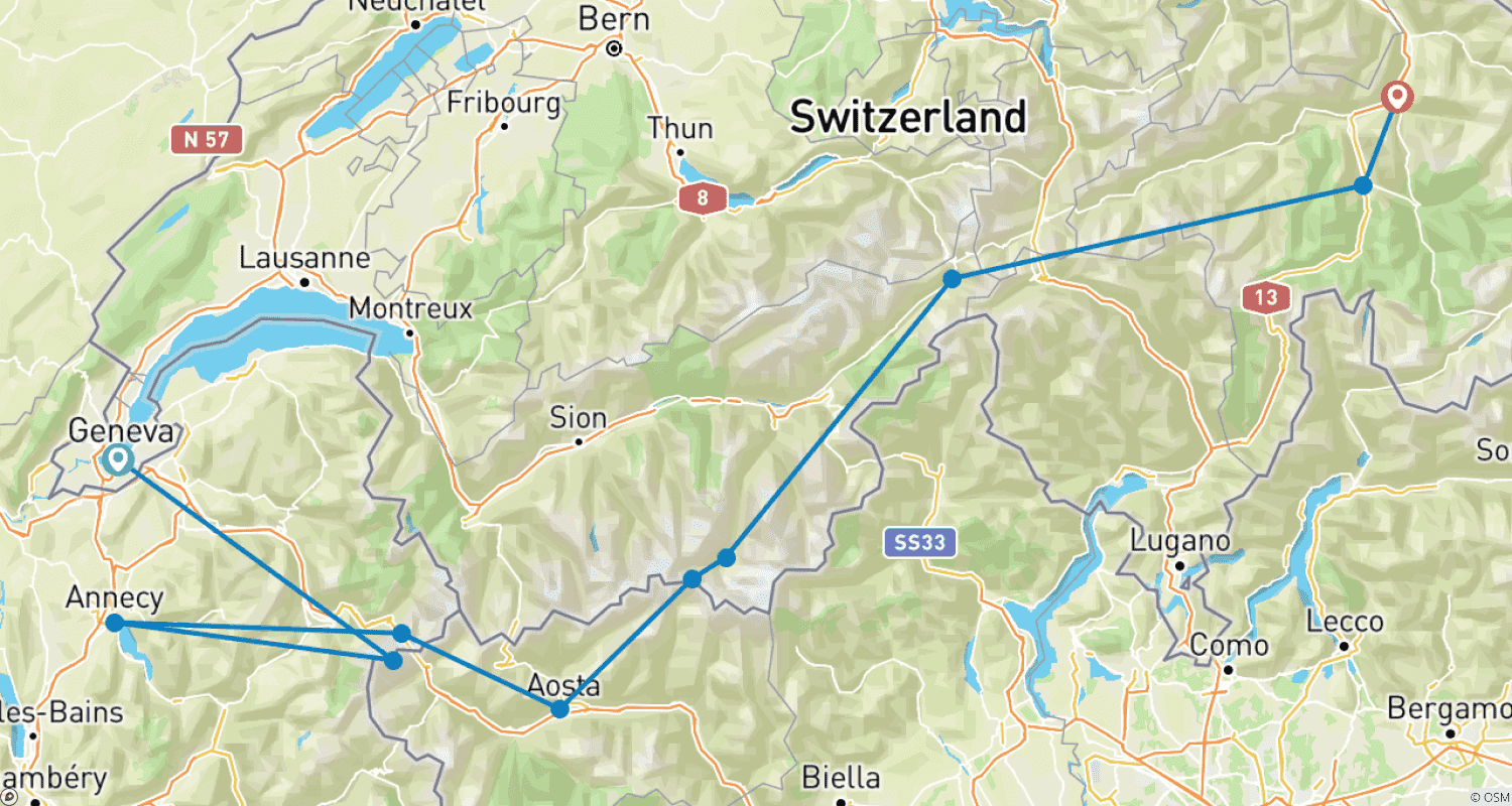 Mapa trasy: Grand tour Switzerland guided-Ebiketour | Switzerland, France, Italy | 8 days