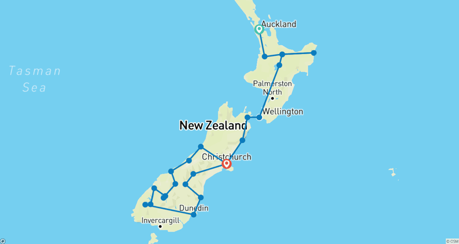 Mapa do percurso de Vista da Nova Zelândia (2025/2026)