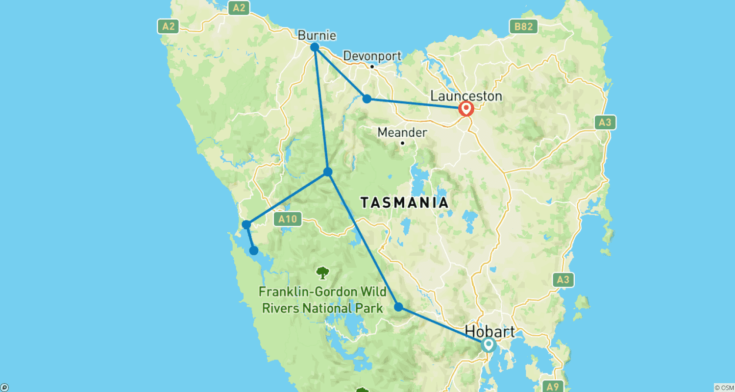 Mapa do percurso de Ícones da Natureza Selvagem da Tasmânia (Base, 2024/2025, Melhores Ofertas, 6 Dias)